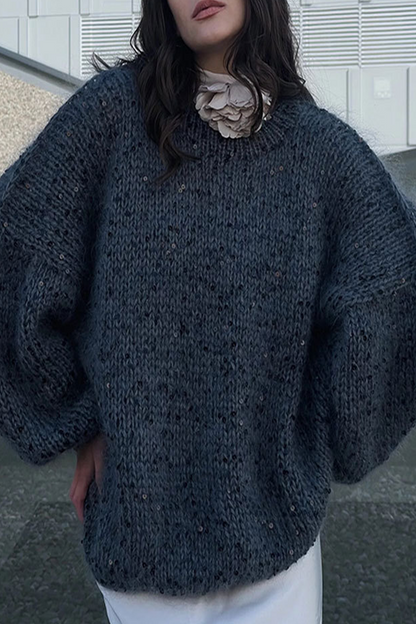 Suéteres casuales de cuello redondo con lentejuelas de color sólido