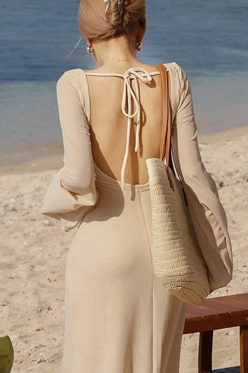 Vestidos sexis de vacaciones de color liso con cordones, espalda descubierta, escote cuadrado, falda de un solo paso