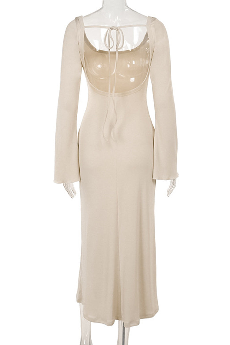 Vestidos sexis de vacaciones de color liso con cordones, espalda descubierta, escote cuadrado, falda de un solo paso