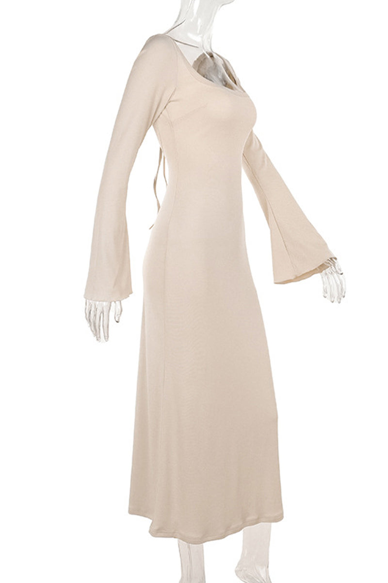 Vestidos sexis de vacaciones de color liso con cordones, espalda descubierta, escote cuadrado, falda de un solo paso