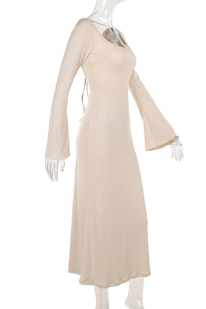 Vestidos sexis de vacaciones de color liso con cordones, espalda descubierta, escote cuadrado, falda de un solo paso