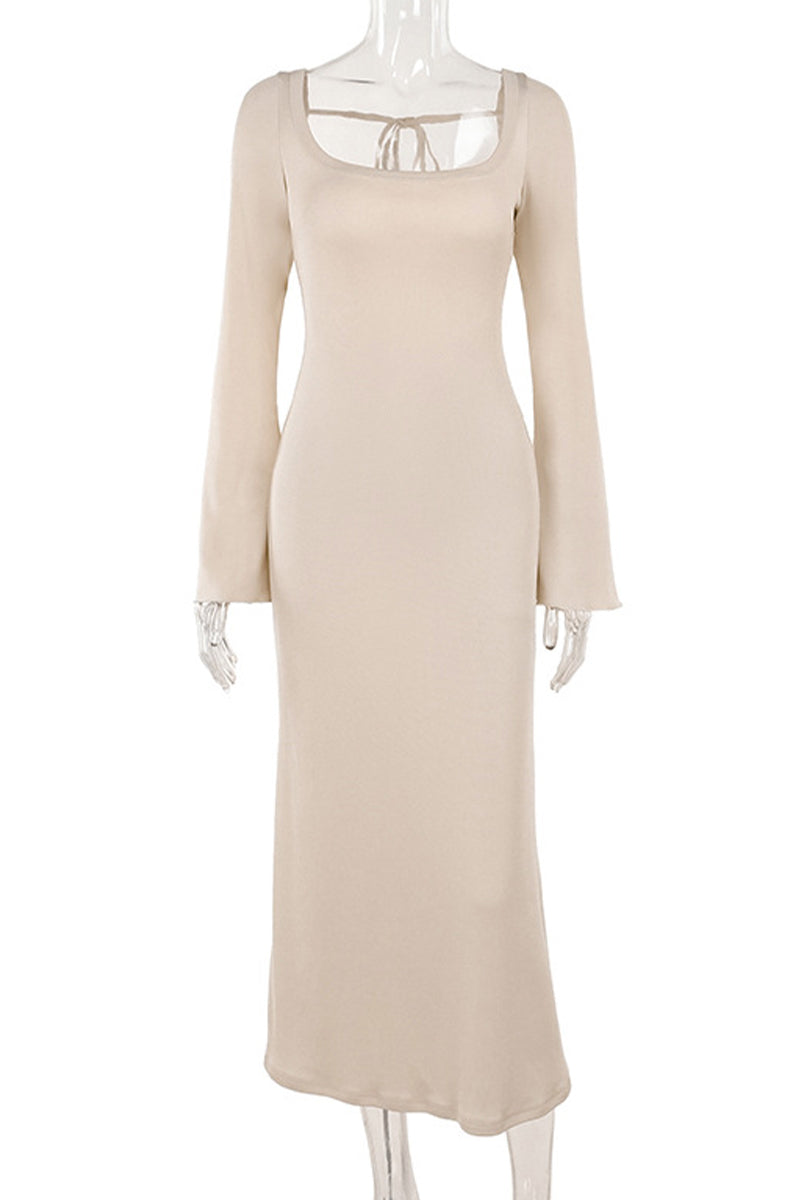 Vestidos sexis de vacaciones de color liso con cordones, espalda descubierta, escote cuadrado, falda de un solo paso