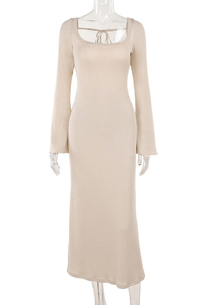 Vestidos sexis de vacaciones de color liso con cordones, espalda descubierta, escote cuadrado, falda de un solo paso