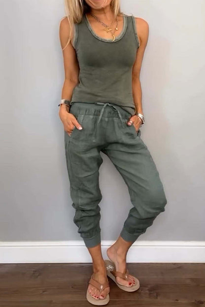 Casual Daily Solid Color Draw String Pocket Lace Up U Neck Sleeveless Two Pieces(6 Colors)