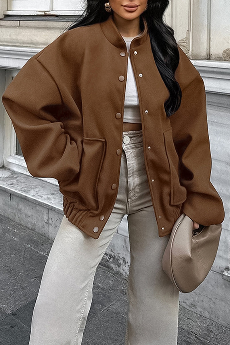 Prendas de abrigo informales de calle de color liso con bolsillos y botones, cuello cuadrado grueso