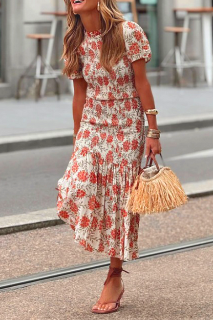 Elegantes vestidos de línea A con cuello redondo y patchwork de flores