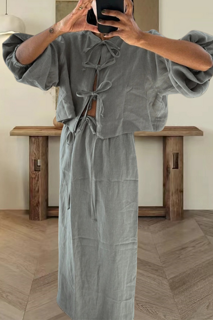 Conjunto informal de dos piezas con cuello redondo, manga larga, color liso, con cordones (4 colores)