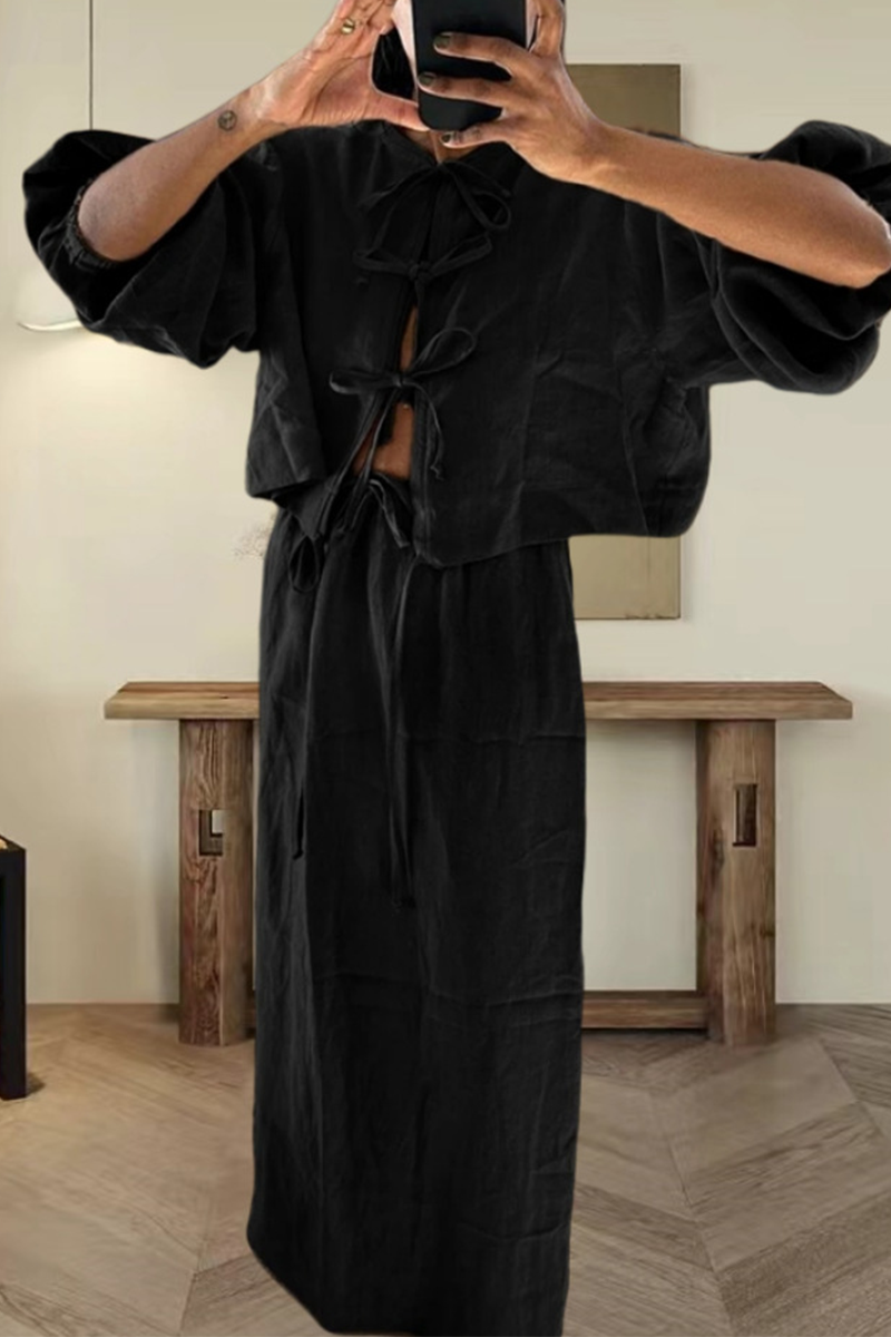 Conjunto informal de dos piezas con cuello redondo, manga larga, color liso, con cordones (4 colores)