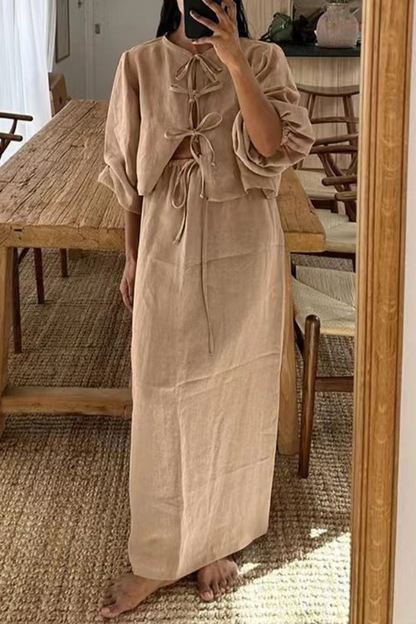 Conjunto informal de dos piezas con cuello redondo, manga larga, color liso, con cordones (4 colores)