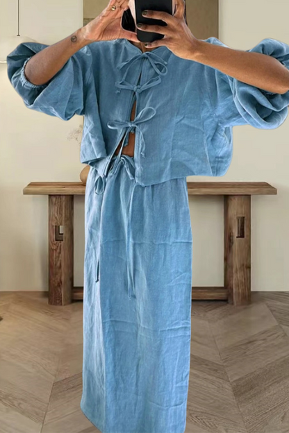 Conjunto informal de dos piezas con cuello redondo, manga larga, color liso, con cordones (4 colores)