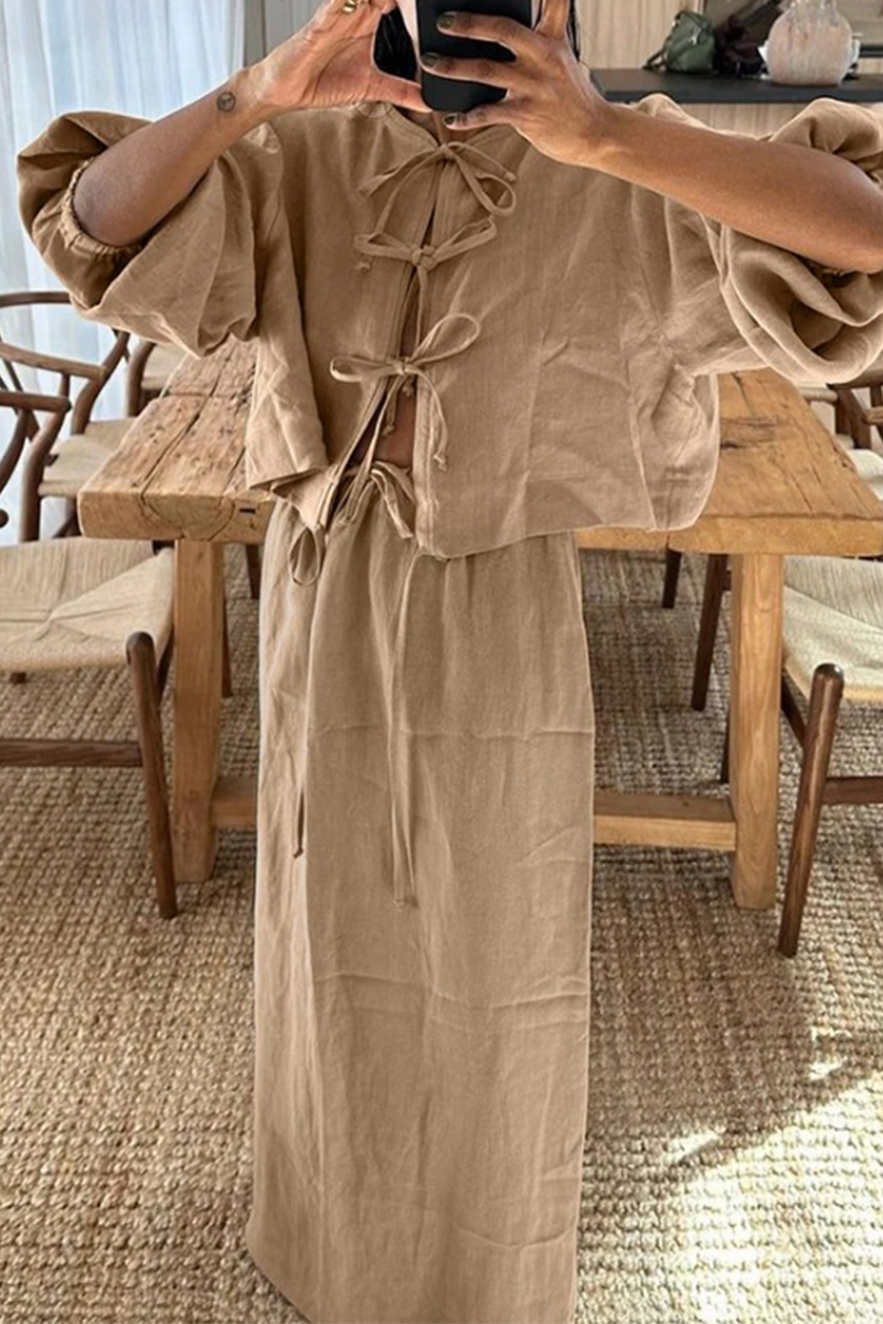 Conjunto informal de dos piezas con cuello redondo, manga larga, color liso, con cordones (4 colores)