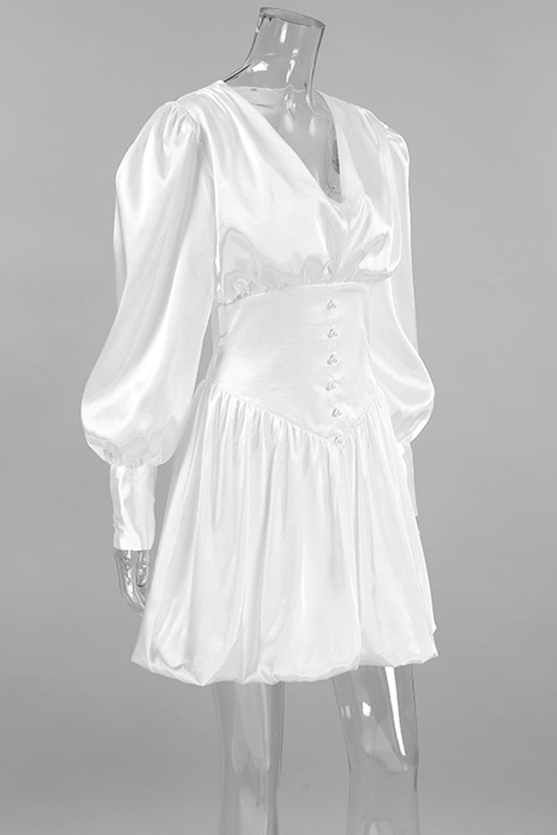 Street Elegant Solid Color Pearls Decor Ruched V Neck Ball Gown Dresses