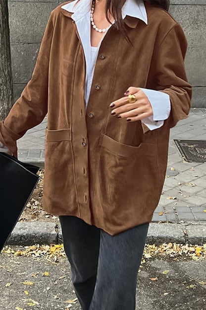 Prendas de abrigo informales de calle de color liso con bolsillos y botones y cuello vuelto