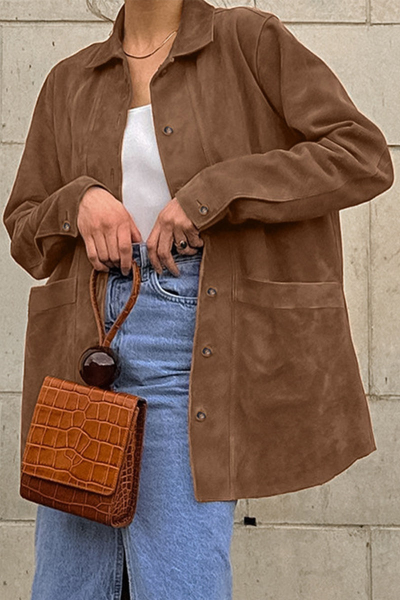 Prendas de abrigo informales de calle de color liso con bolsillos y botones y cuello vuelto