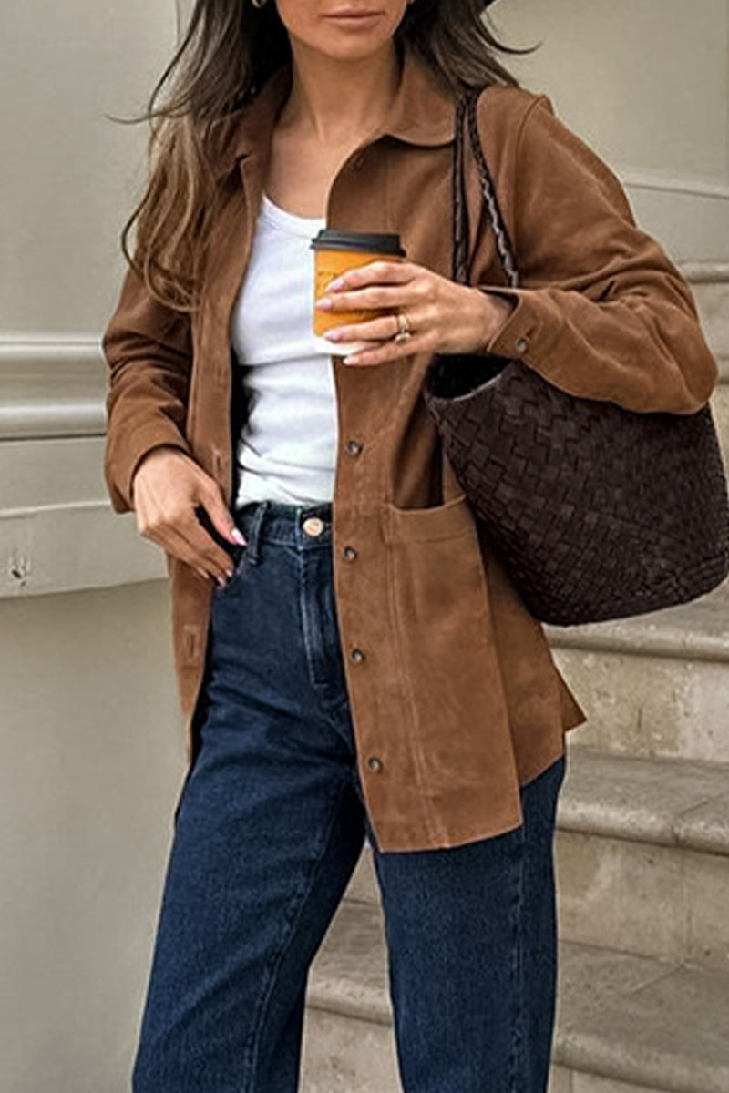 Prendas de abrigo informales de calle de color liso con bolsillos y botones y cuello vuelto