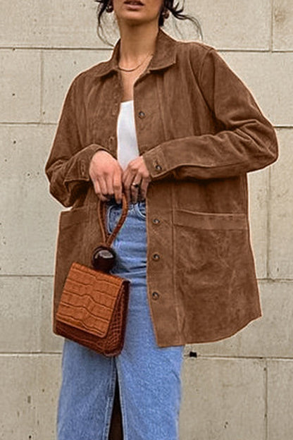 Prendas de abrigo informales de calle de color liso con bolsillos y botones y cuello vuelto