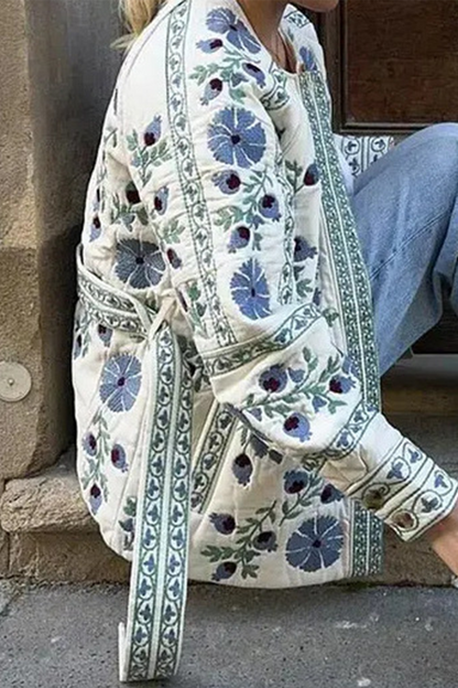 Prendas de abrigo informales con cuello redondo, botones y cordones, con flores de calle