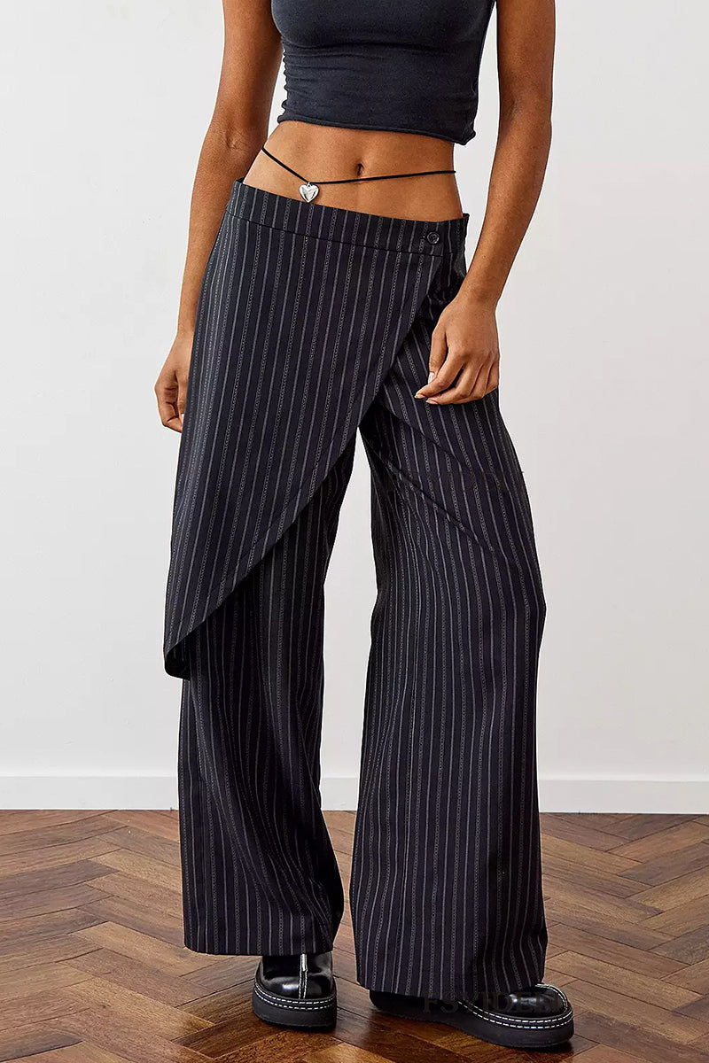 Pantalones casuales de rayas con estampado de botones y patchwork irregulares, sueltos, de cintura media y pierna ancha