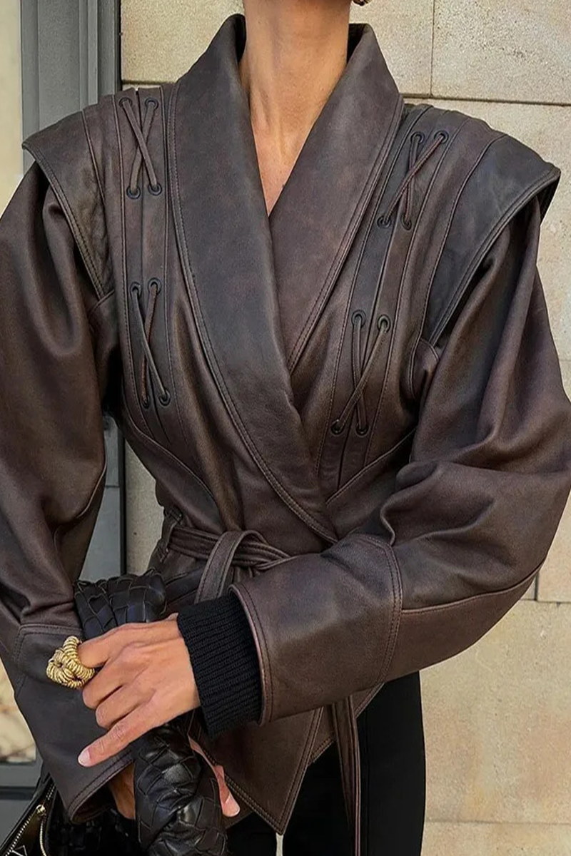 Prendas de abrigo informales de calle de color liso con cordones y cuello vuelto