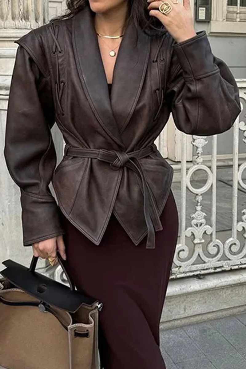 Prendas de abrigo informales de calle de color liso con cordones y cuello vuelto