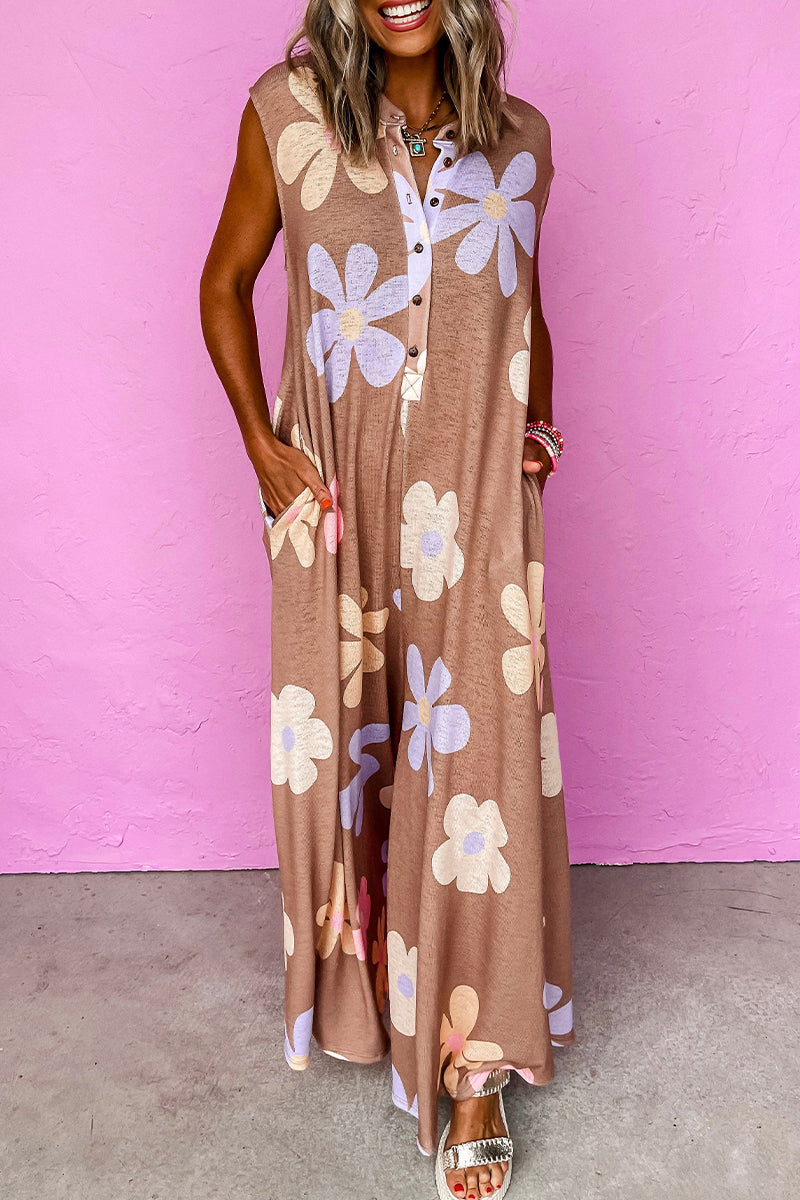 Monos holgados informales con cuello redondo y botones de flores