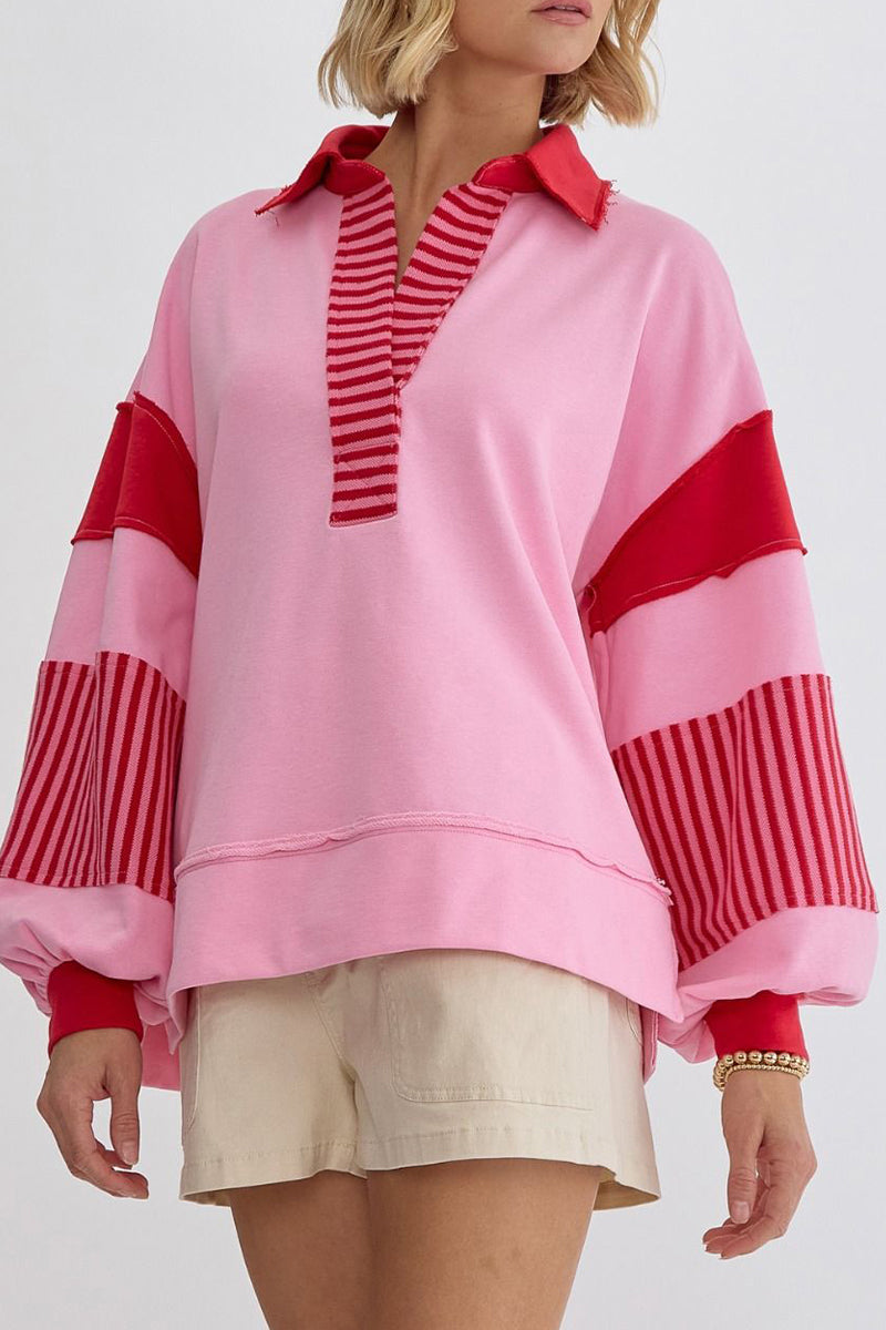 Tops casuales de cuello vuelto con contraste de patchwork y rayas urbanas