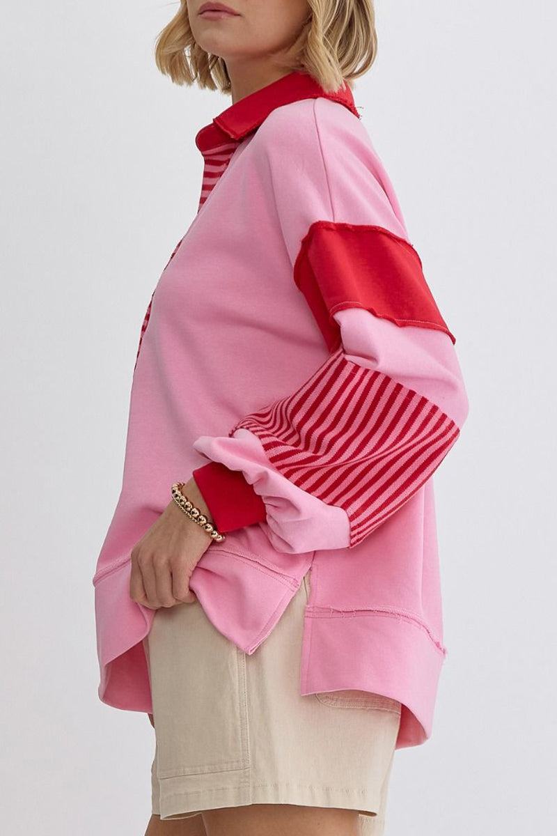 Tops casuales de cuello vuelto con contraste de patchwork y rayas urbanas