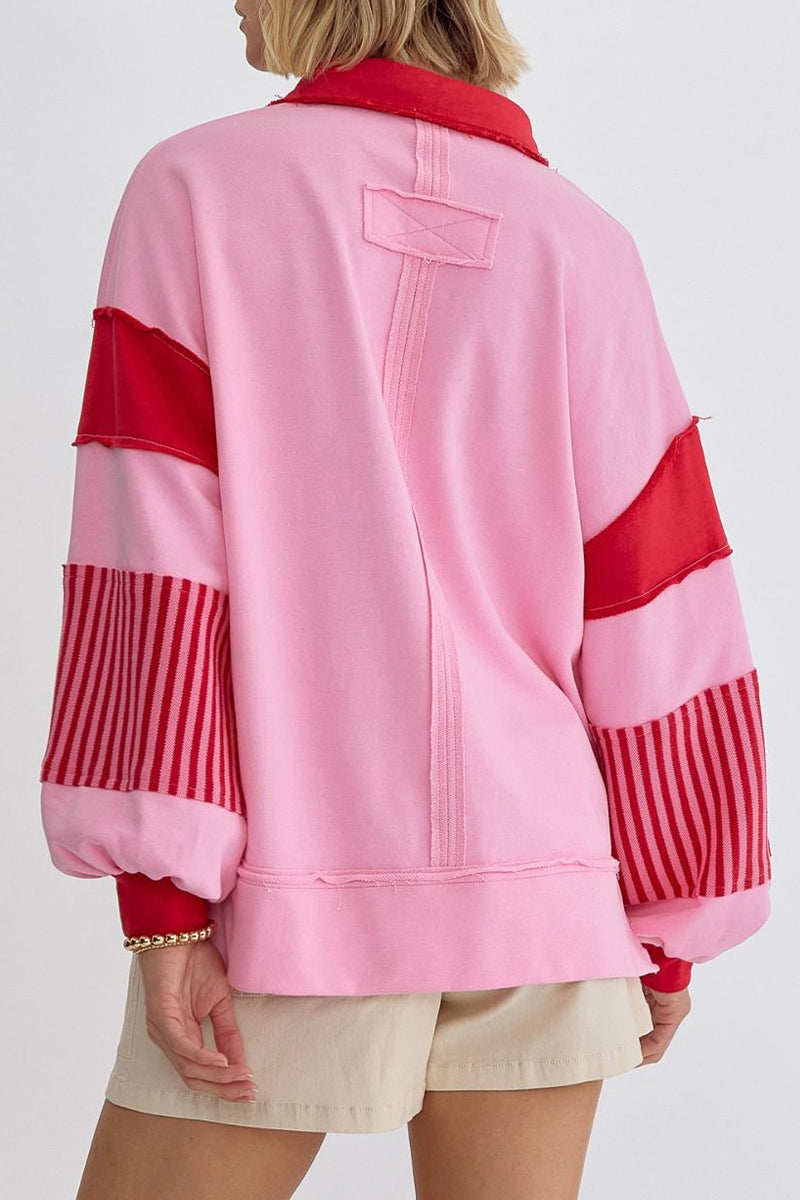 Sudadera informal con cuello vuelto, rayas y patchwork en contraste (8 colores)