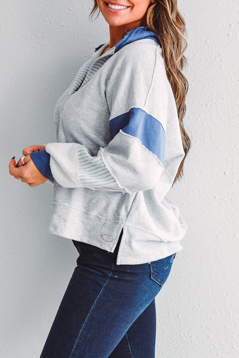 Sudadera informal con cuello vuelto, rayas y patchwork en contraste (8 colores)
