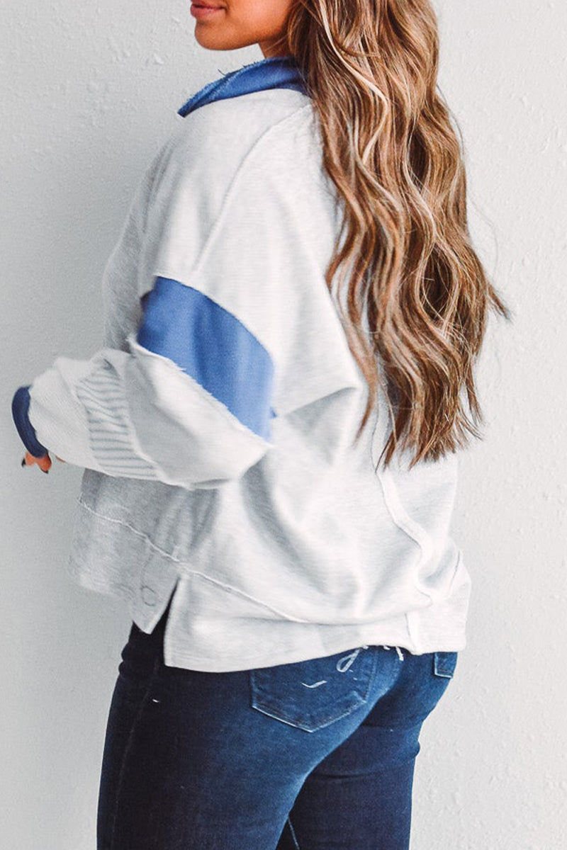 Sudadera informal con cuello vuelto, rayas y patchwork en contraste (8 colores)