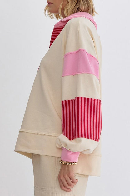 Sudadera informal con cuello vuelto, rayas y patchwork en contraste (8 colores)