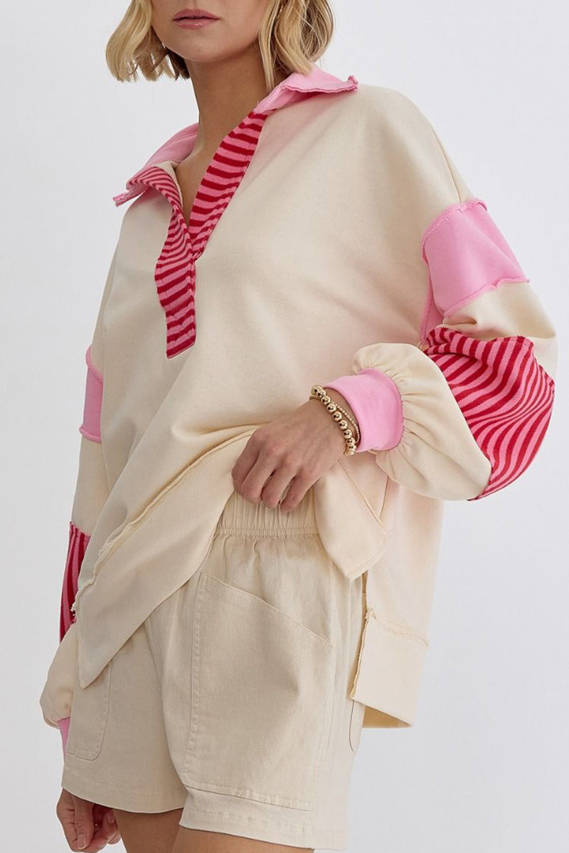 Sudadera informal con cuello vuelto, rayas y patchwork en contraste (8 colores)