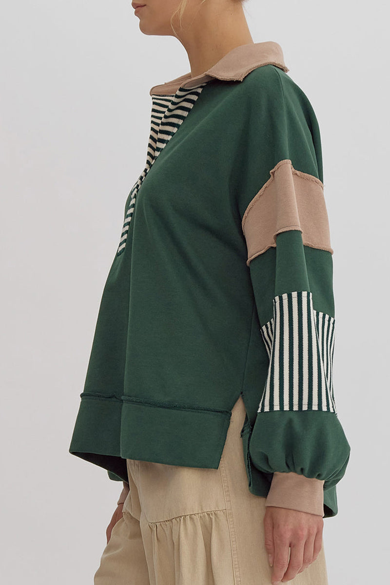 Sudadera informal con cuello vuelto, rayas y patchwork en contraste (8 colores)