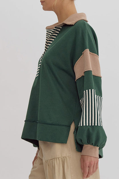 Sudadera informal con cuello vuelto, rayas y patchwork en contraste (8 colores)