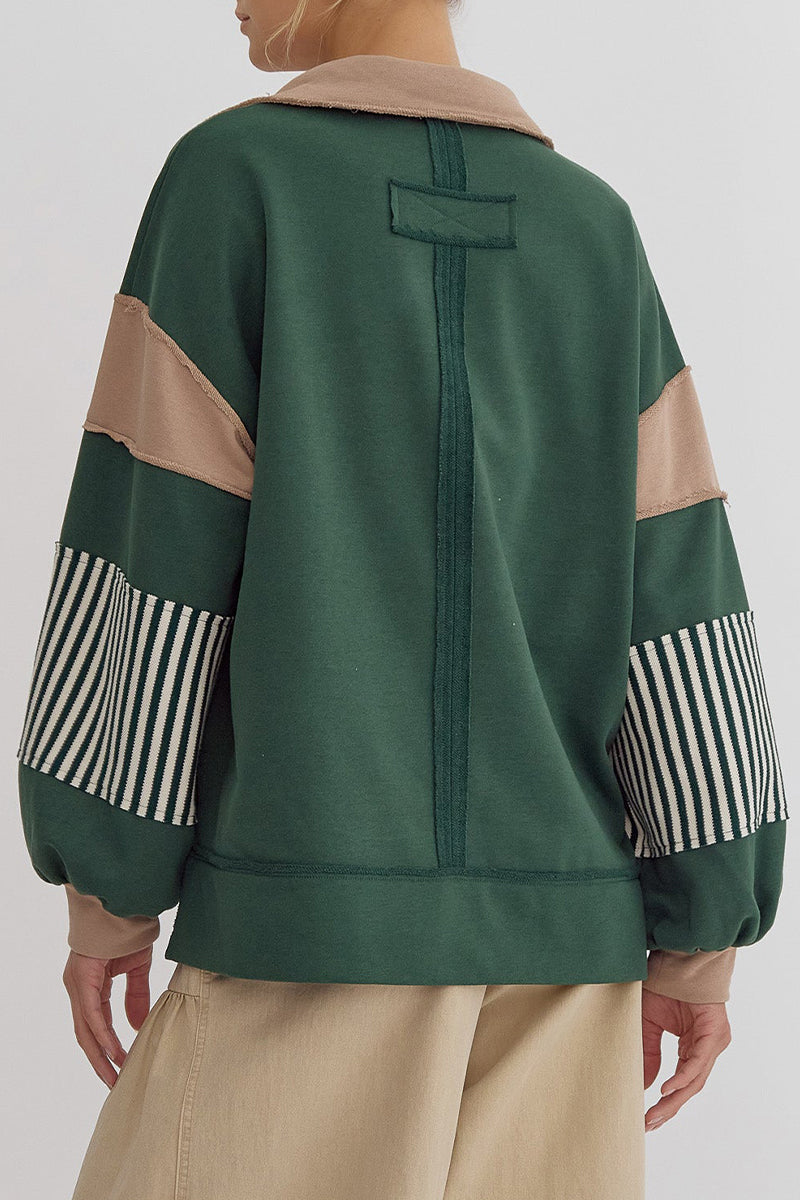 Sudadera informal con cuello vuelto, rayas y patchwork en contraste (8 colores)