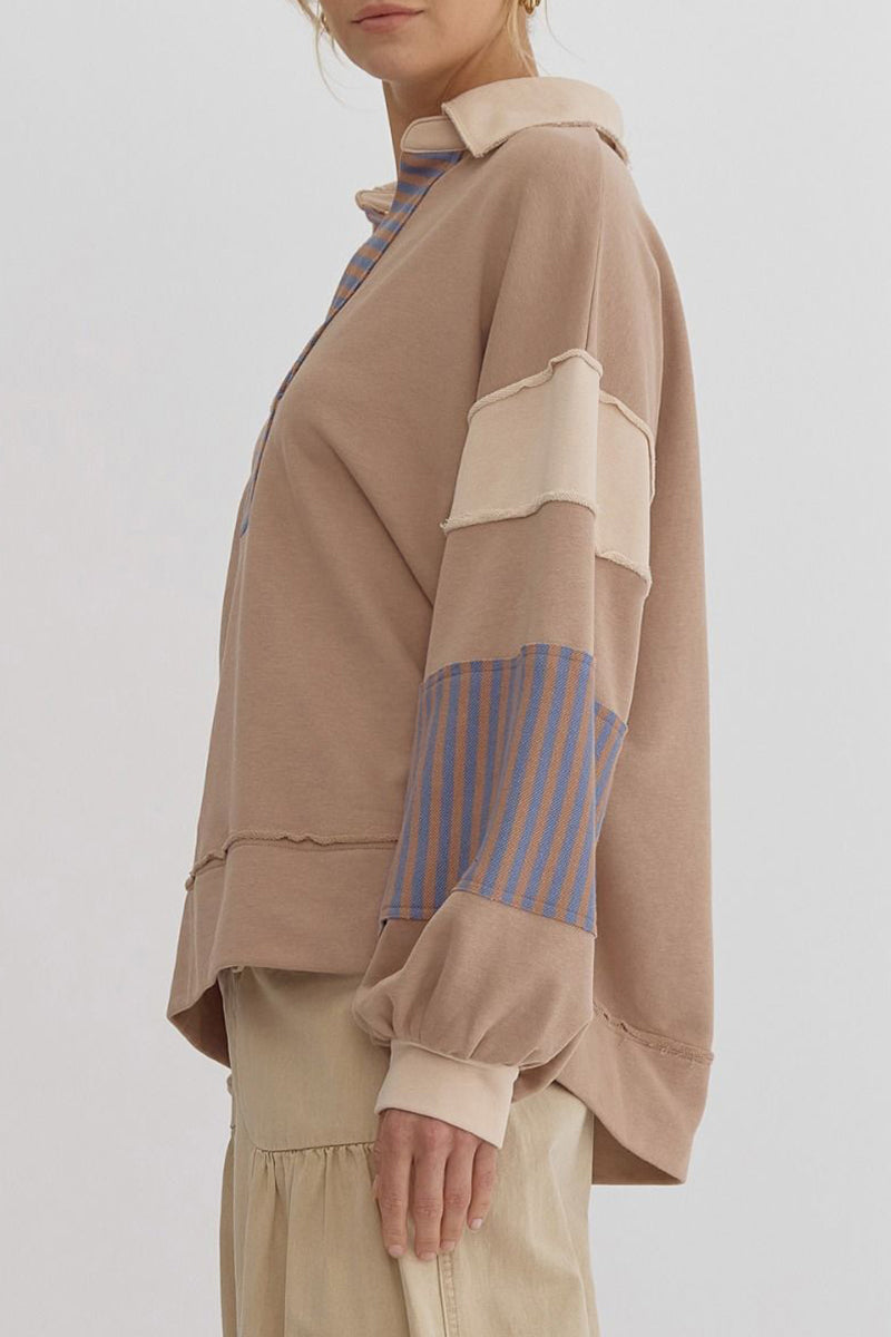 Sudadera informal con cuello vuelto, rayas y patchwork en contraste (8 colores)