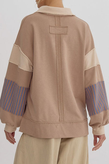 Sudadera informal con cuello vuelto, rayas y patchwork en contraste (8 colores)