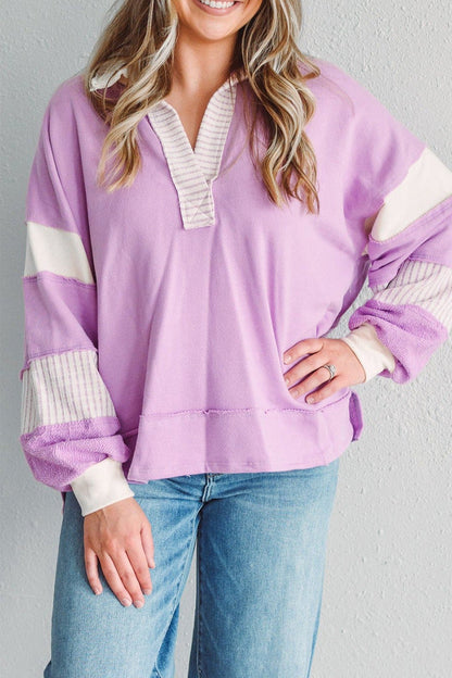Sudadera informal con cuello vuelto, rayas y patchwork en contraste (8 colores)