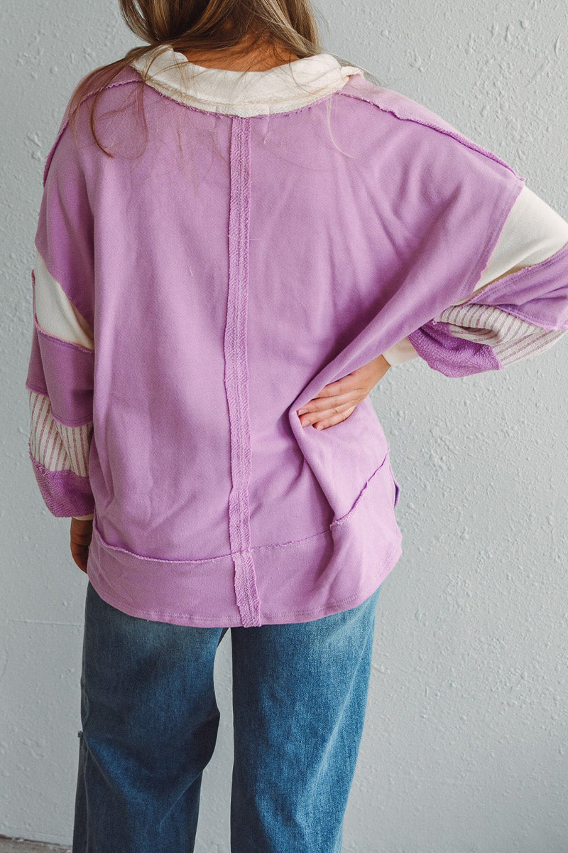 Sudadera informal con cuello vuelto, rayas y patchwork en contraste (8 colores)