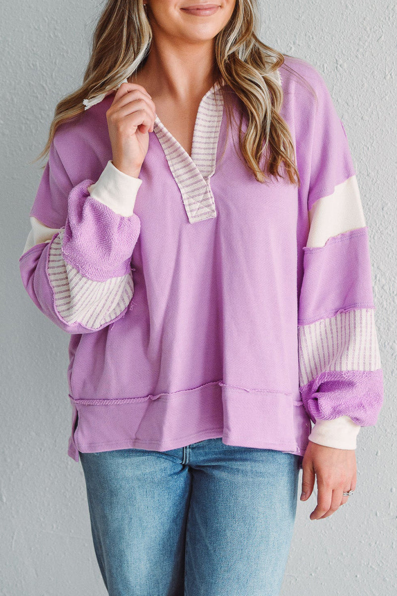 Tops casuales de cuello vuelto con contraste de patchwork y rayas urbanas