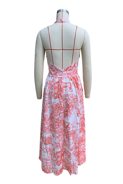 Vestidos sexis de corte A con cuello halter, ajustables, sin espalda y con bolsillos y estampado floral