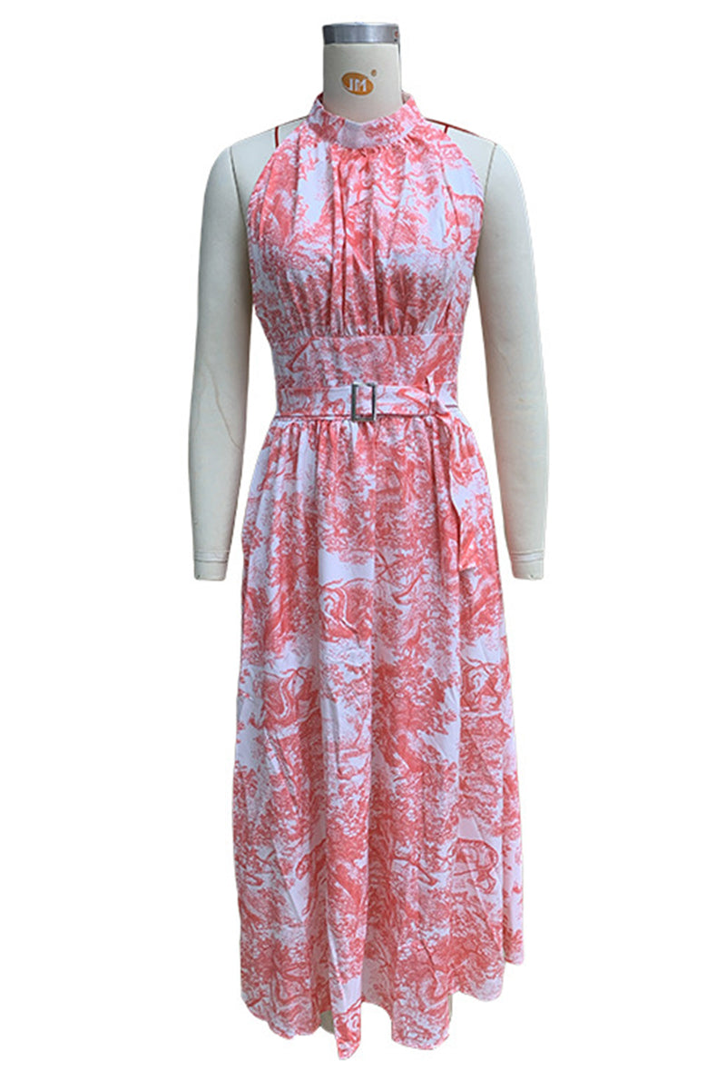 Vestidos sexis de corte A con cuello halter, ajustables, sin espalda y con bolsillos y estampado floral