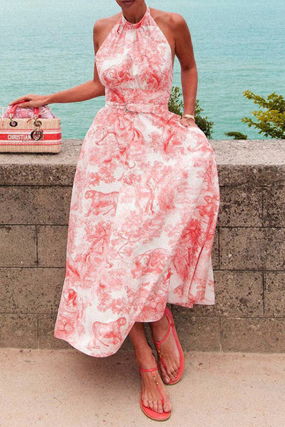 Vestidos sexis de corte A con cuello halter, ajustables, sin espalda y con bolsillos y estampado floral