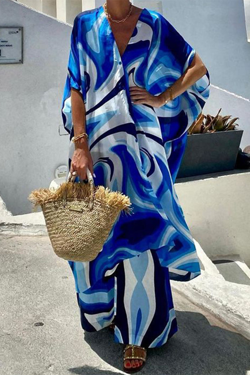 Conjunto informal de dos piezas con cuello en V, media manga y estampado tie-dye para vacaciones