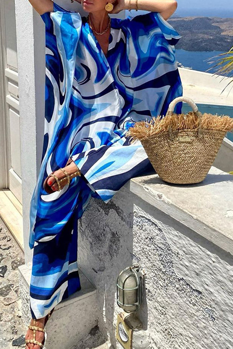 Conjunto informal de dos piezas con cuello en V, media manga y estampado tie-dye para vacaciones