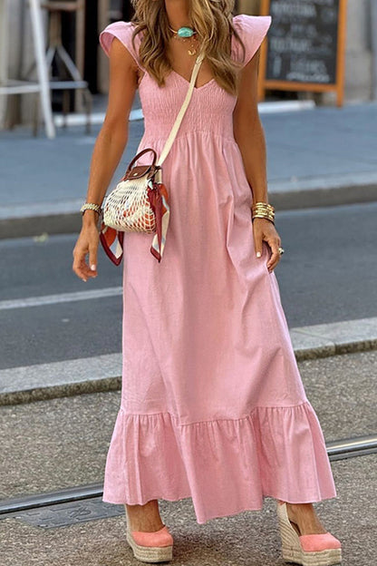 Vestidos casuales de corte A con escote en V y volantes de color sólido