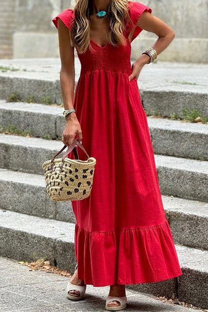 Vestidos casuales de corte A con escote en V y volantes de color sólido