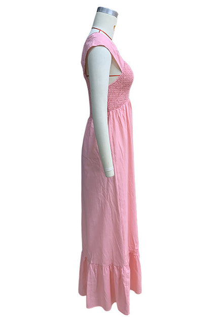 Vestidos casuales de corte A con escote en V y volantes de color sólido