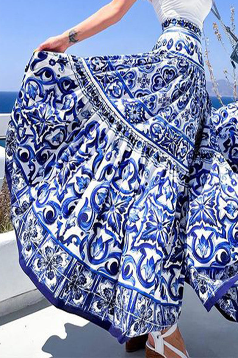 Pantalones de talle alto holgados tipo A con estampado geométrico elegante de diario y patchwork