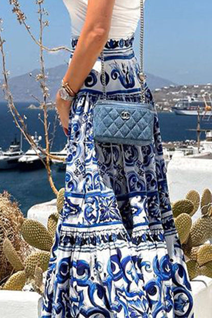 Pantalones de talle alto holgados tipo A con estampado geométrico elegante de diario y patchwork